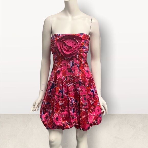 BCBG Begonia Pink Floral Bubble Bottom Mini Dress Y2K 90’s Semi Formal - Picture 2 of 7